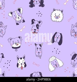 Seamless decorative pattern with muzzle and portraits of cute domestic dogs of different breeds on light purple background. Vector illustration in han Stock Vector