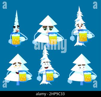 Cartoon winter pine trees with faces drinking beer. Cute forest trees. Stock Vector