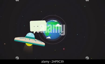 Flying UFO with a place for message on the Earth globe in outer space background, cartoon animation. Unknown flying vehicle with an alien in the space