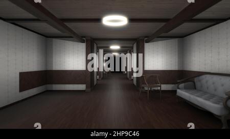 Abstract interior of old fashioned architecture with walls, floor, chair, couch, and lamps. 3D background of designed endless hall with optical illusi Stock Photo
