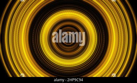 Shining golden rings in pulsating motion on black background, seamless loop. Abstract yellow shimmering circles beating endlessly. Stock Photo