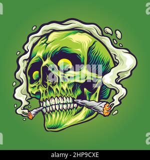 Green skull smoking a marijuana Vector illustrations for your work Logo, mascot merchandise t-shirt, stickers and Label designs, poster, greeting card Stock Vector