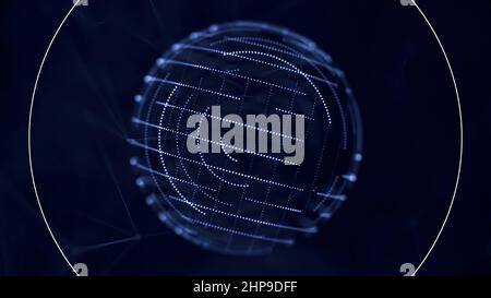 Digital, blue transparent sphere with small moving dots on its surface rotating nad receiving signals on dark blue background. Abstract spinning orb c Stock Photo