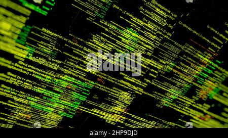 Abstract green horizontal lines of flowing data. Symbols changing fast and moving isolated on black background, seamless loop, concept of hacking and Stock Photo