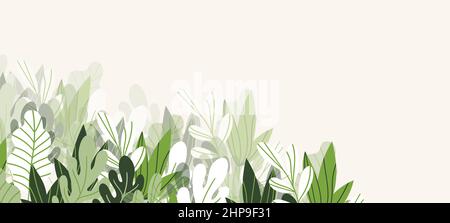 Floral web banner with drawn color exotic leaves. Nature concept design. Modern floral compositions with summer branches. Vector illustration on the Stock Vector