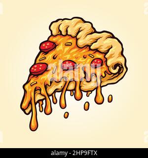 Flying slice of pizza with melting cheese Vector illustrations for your work Logo, mascot merchandise t-shirt, stickers and Label designs, poster Stock Vector