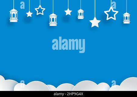 Ramadan Kareem star and lanterns hanging on background. Eid Mubarak paper art banner illustration design. Stock Vector