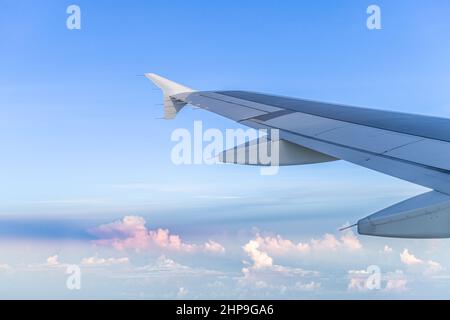 Airplane flying window high angle view near Ft Myers with Saharan dust plume air layer causing haze pollution and allergies in southwest Florida USA s Stock Photo