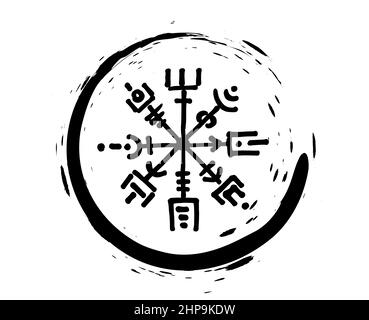Vegvisir runic compass black pencil drawing style, Hand drawing of Viking symbols, Sacred Norse, round tattoo logo, grunge runic magic symbols, vector Stock Vector