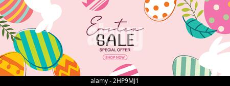 Easter sale banner design template with colorful eggs and flowers. Use for cover, advertising, flyers, posters, brochure, voucher discount. Stock Vector