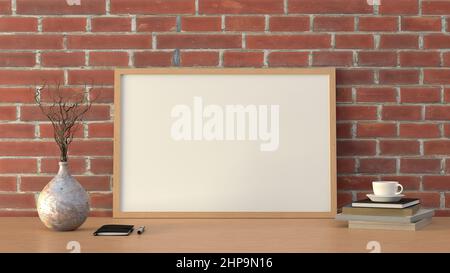 Horizontal wooden picture poster frame mock up. Cup of coffee, books, vase and notebook on wooden table. Red brick wall background. Front view. 3d ill Stock Photo