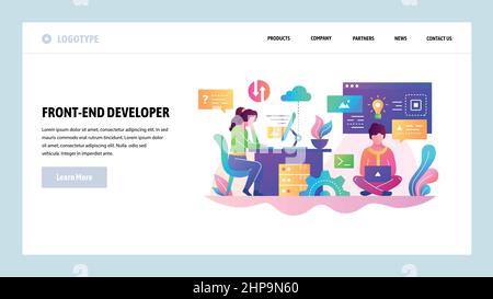 Vector web site design template. Software development, programmer writing code, teamwork. Landing page concepts for website and mobile development Stock Vector