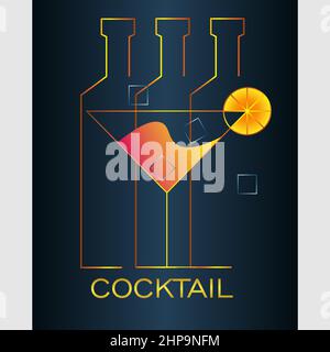 abstract minimal logo of a cocktail with lemon and bottles on a dark background 1 Stock Vector