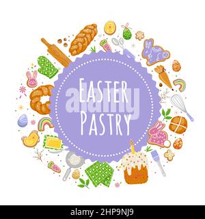Easter pastry food with kitchen utensils,spring decoration.Template for cover Stock Vector