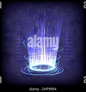 Portal and hologram science futuristic. Sci-fi digital high technology in glowing HUD circuit. Magic gate in game fantasy. Circle teleport podium. GUI Stock Vector