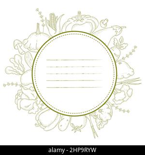 Round frame sticker made of linear hand drawn vegetables and root crops. Mushrooms, pumpkin, pepper and onion, cabbage and eggplant. Vector illustrati Stock Vector