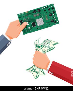 Buyer Hand with Money and Hand With Microchip. Stock Vector