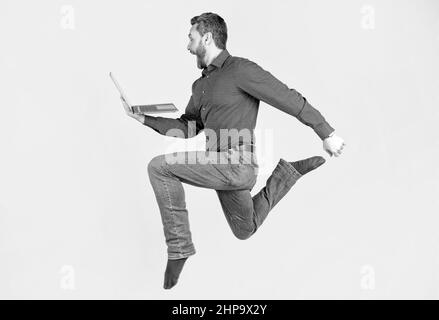 run to success. programmer man use pc. entrepreneur running and hurrying. agile business. Stock Photo