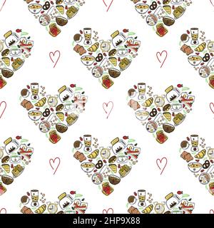 Seamless background of hearts of food, hand-drawn food, and doodle-style appliances. Heart shaped elements. Good morning breakfast. Flat vector style Stock Vector