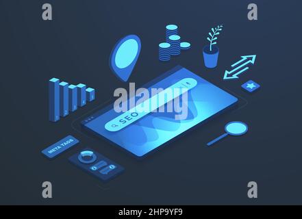 SEO - Search Engine Optimization Marketing Strategy isometric concept. Traffic Rank Website Analysis. Search bar, rating, chart, backlinks, meta tags Stock Vector