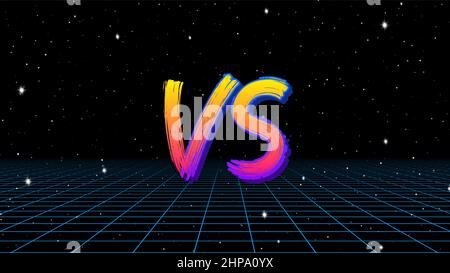 VS sign in 80s game style with synthwave landscape and brush painted letters. Versus symbol for battle or competition poster. Stock Vector