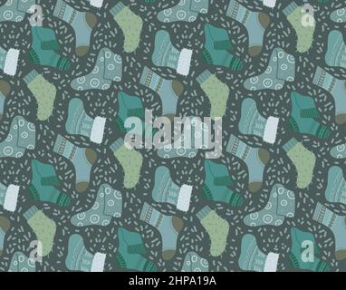 Vector seamless pattern with warm socks in blue and gray colors. Texture with cozy knitted clothes for legs with decorations. Wallpaper with stockings Stock Vector