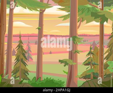 Red sunlight before sunset. Rural landscape. Beautiful scene in nature. Nice summer landscape in the morning or in the evening. Illustration in cartoo Stock Vector