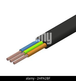 Flat cable with three insulated copper conductors. 3D isometric style, vector illustration. Stock Vector