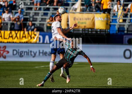 Los Angeles, California, USA. 19th Feb, 2022. D.C. United defender Staven Birnbaum (15) heads the ball away from LA Galaxy forward Kevin Cabral (9) during the 2022 Major League Soccer (MLS) preseason match between the D.C. United and the LA Galaxy in Carson, Calif., Feb. 19, 2022. (Credit Image: © Ringo Chiu/ZUMA Press Wire) Stock Photo