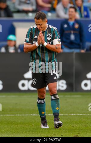 Los Angeles, California, USA. 19th Feb, 2022. LA Galaxy forward Javier  Hernandez Balcazar (14) reacts after missing on scoring chance during the  2022 Major League Soccer (MLS) preseason match between the D.C. United and  the LA Galaxy in Carson