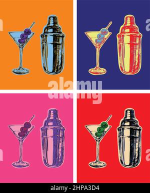 Set of Colored Martini Cocktails with Olives Shaker Vector Illustration Stock Vector