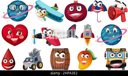 Set of different toy objects with smiley faces illustration Stock Vector