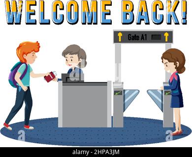 Welcome Back typography design with passenger walking to boarding gate illustration Stock Vector