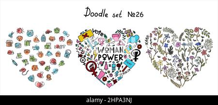A set of doodle signs of feminism, women s rights. Hand drawn vector icons set of pets and flowers. A rally to fight for voting rights. International Stock Vector