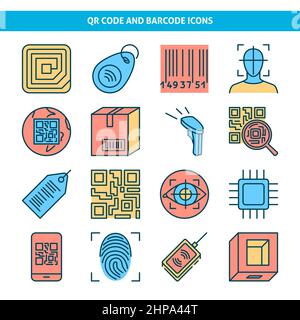 Identification codes icon set in colored line style. Qr code and barcode symbols. Vector illustration. Stock Vector
