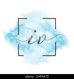 Calligraphic lowercase letters I and V are written in a solid line on a colored background in a frame. Stock Vector