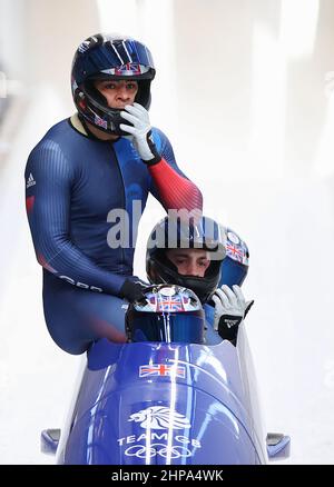 Brad Hall and Taylor Lawrence, of Great Britain, speed down the track ...