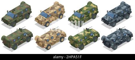 Isometric Mine-Resistant Ambush Protected. United States military light tactical vehicles produced as part of the MRAP. Designed to withstand Stock Vector