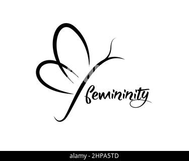 sketched butterfly vector logo template, femininity concept, black line print illustration isolated on white background Stock Vector