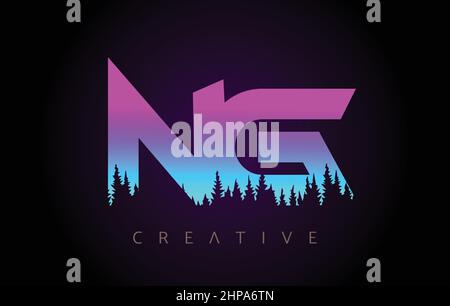 NG Letters Logo Design with Purple Blue Colors and Pine Forest Trees Concept Vector Icon. NG Trees Logo with Vibrant Gradient Colors Idea. Stock Vector