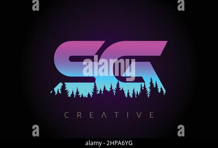 SG Letters Logo Design with Purple Blue Colors and Pine Forest Trees Concept Vector Icon. SG Trees Logo with Vibrant Gradient Colors Idea. Stock Vector