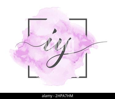 Calligraphic lowercase letters I and Y are written in a solid line on a colored background in a frame. Stock Vector