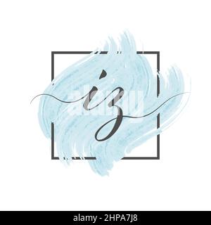 Calligraphic lowercase letters I and Z are written in a solid line on a colored background in a frame. Stock Vector