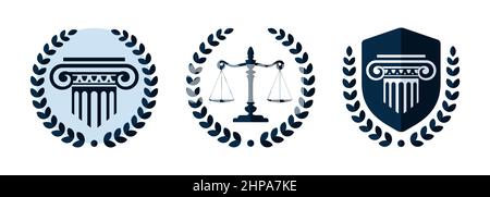 Law firm vector logo set. Law office logotypes with a pillars and scale of justice. Symbols of legal centers or law advocates. Juridical emblem for ad Stock Vector
