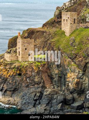 View from flower covered clifftop,UNESCO World Heritage site,on a calm summer day on the dramatic north Cornish coast,a popular National Trust holiday Stock Photo