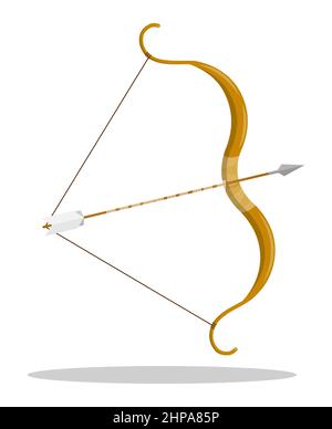 cartoon Hunting bow with strung bowstring and arrow. Archery or hunter tool. Medieval weapon item of ancient warrior. Isolated vector on white backgro Stock Vector