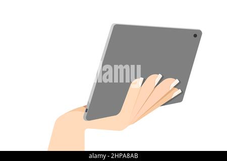 Woman hand holding a tablet on white background. Vector Illustration Stock Vector