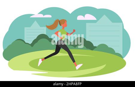 Girl Running around in Park. Healthy Lifestyle. Stock Vector