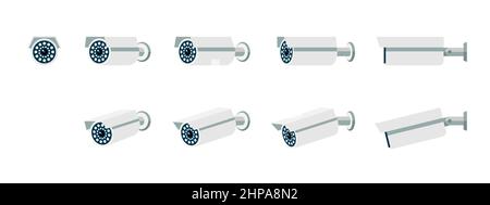 CCTV camera icon set. Security surveillance flat icons. Safety control videcam rotation collection. Video protection system isolated symbols. Vector eps illustration Stock Vector