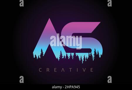 AS Letters Logo Design with Purple Blue Colors and Pine Forest Trees Concept Vector Icon. AS Trees Logo with Vibrant Gradient Colors Idea. Stock Vector